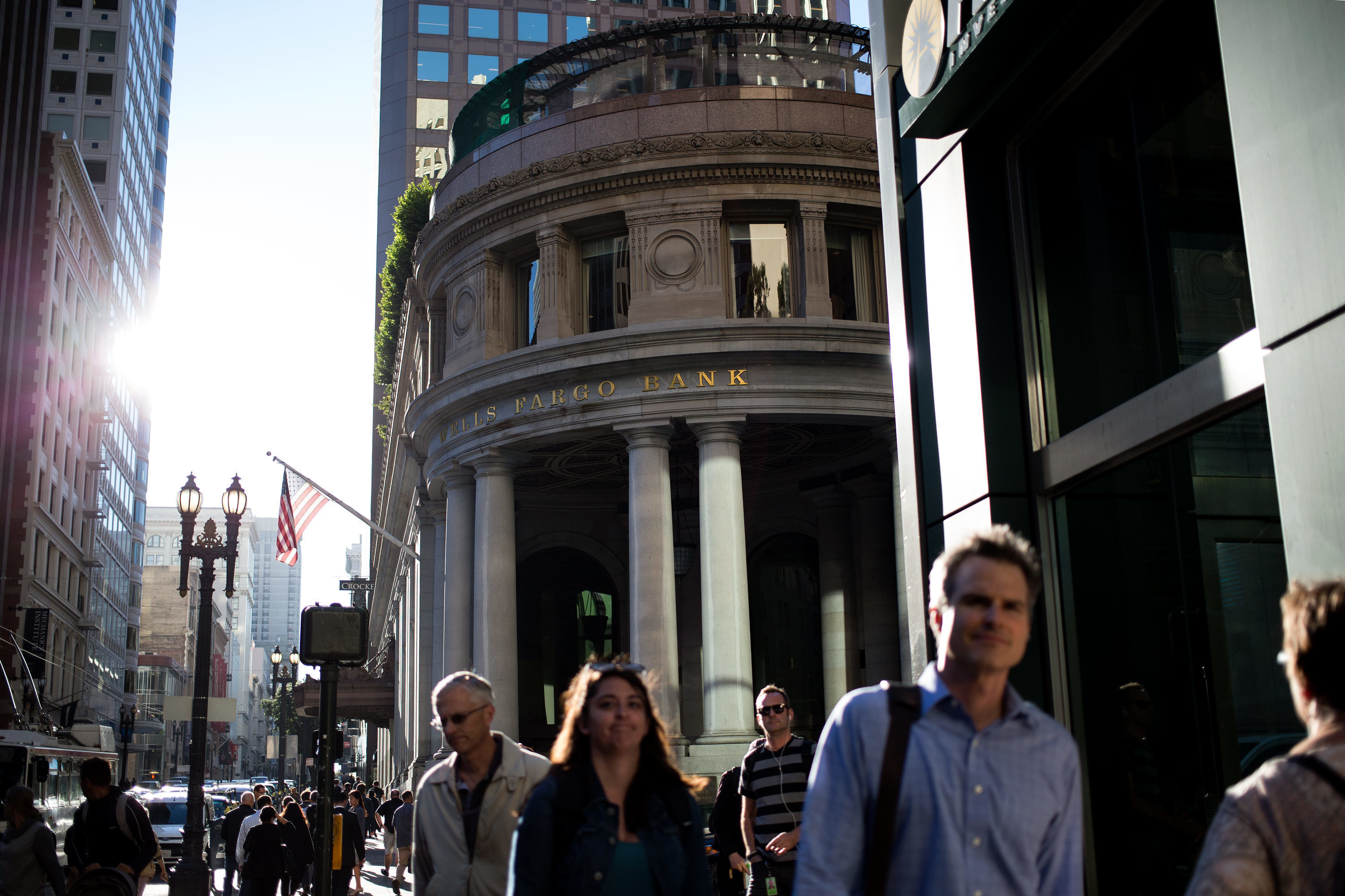 The Crocker branch of Wells Fargo on Montgomery Street in San Francisco, whose former employees say the sales pressure was intense and the deceptive practices widespread. (NPR)