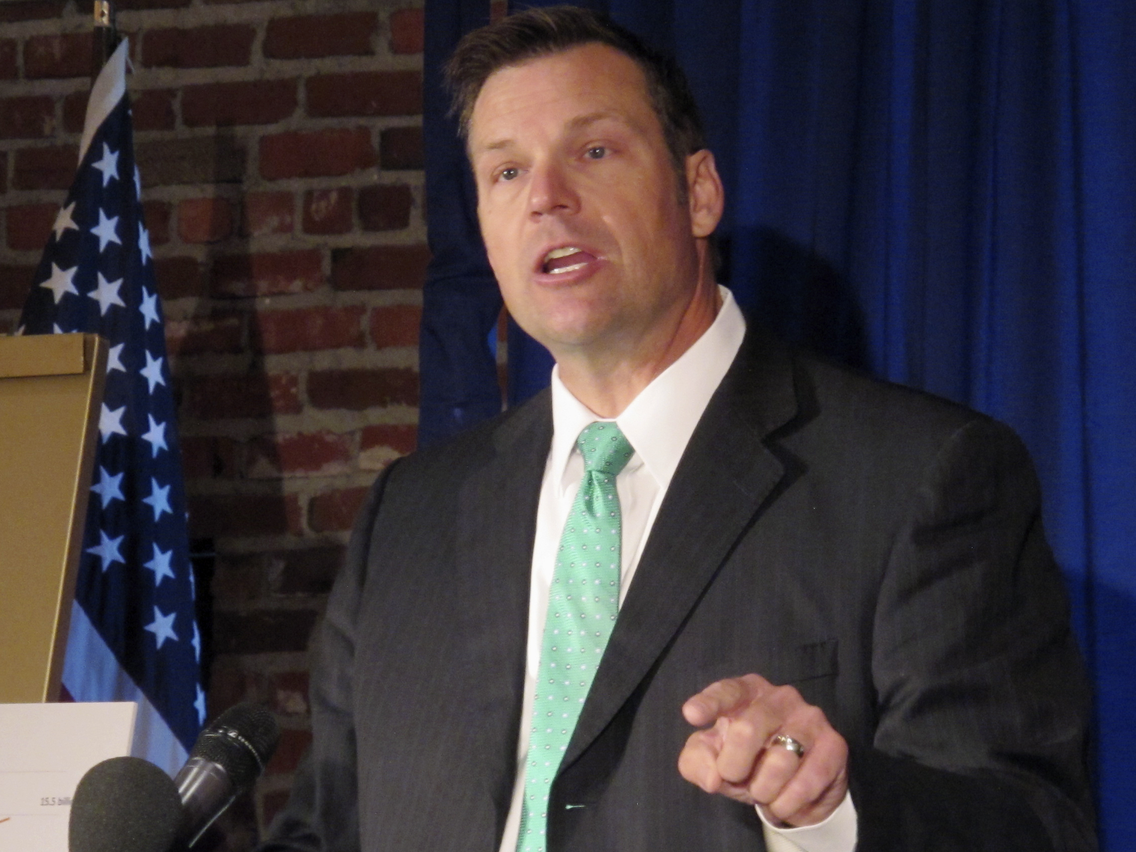 Kansas Secretary of State Kris Kobach speaking to supporters last month upon launching his campaign for the Republican nomination for governor. He also vice-chairs the president's election integrity commission.