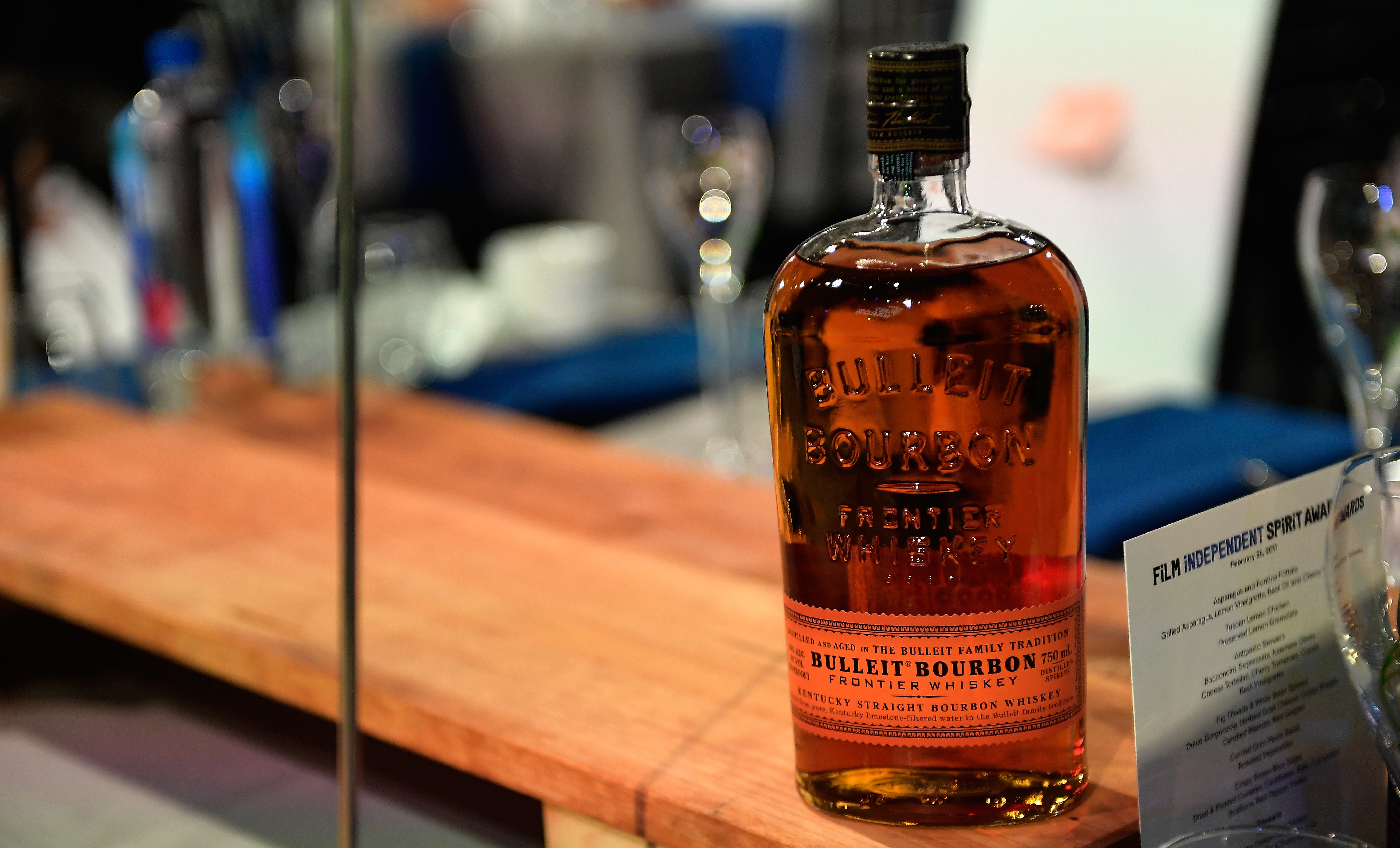A bottle of Bulleit Bourbon is displayed at an awards ceremony in February in Santa Monica, Calif. American distillers say they are concerned about potential EU tariffs against bourbon, if the U.S. imposes a tariff on steel. (Getty Images for Film Independent)
