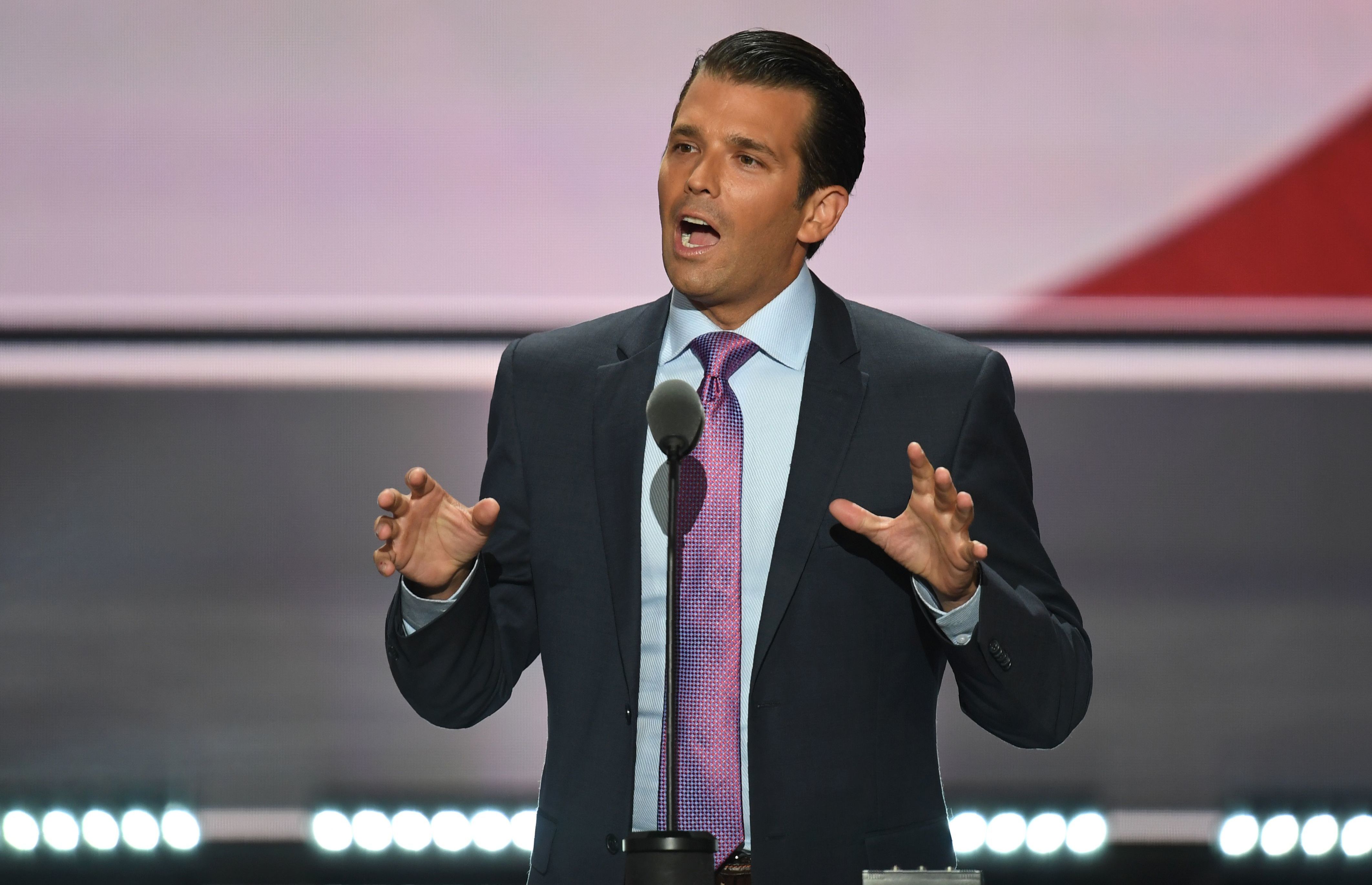 President Trump's son Donald Trump Jr. speaks at the Republican National Convention in Cleveland on July 19. On Tuesday Trump Jr. released an email exchange he had about meeting with a Russian lawyer earlier that summer. (AFP/Getty Images)