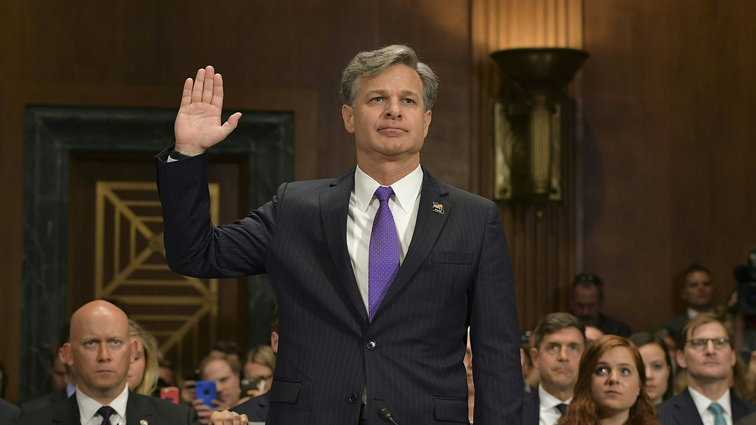 Christopher Wray is sworn in for his testimony before the Senate Judiciary Committee on his nomination to be the director of the Federal Bureau of Investigation. (AFP/Getty Images)