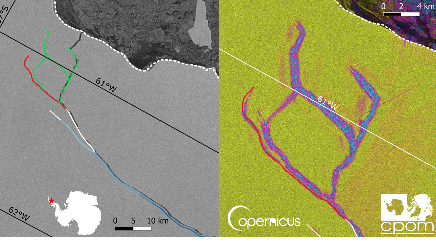 The iceberg had been hanging on by a thread (right) until this week. Now, new images (left) showed that it had finally calved into the sea.
(A. Hogg/CPOM/ESA)