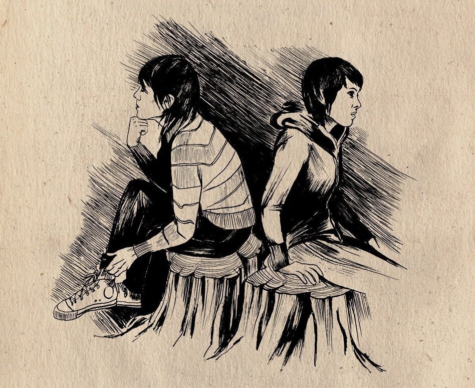 Sara and Tegan Quin as they appeared in <em>The Con</em>'s liner illustrations by Emy Storey. The 2007 album marked a critical turning point for the sisters and a touchstone for like-minded artists to follow. (Emy Storey/Courtesy of the artist)