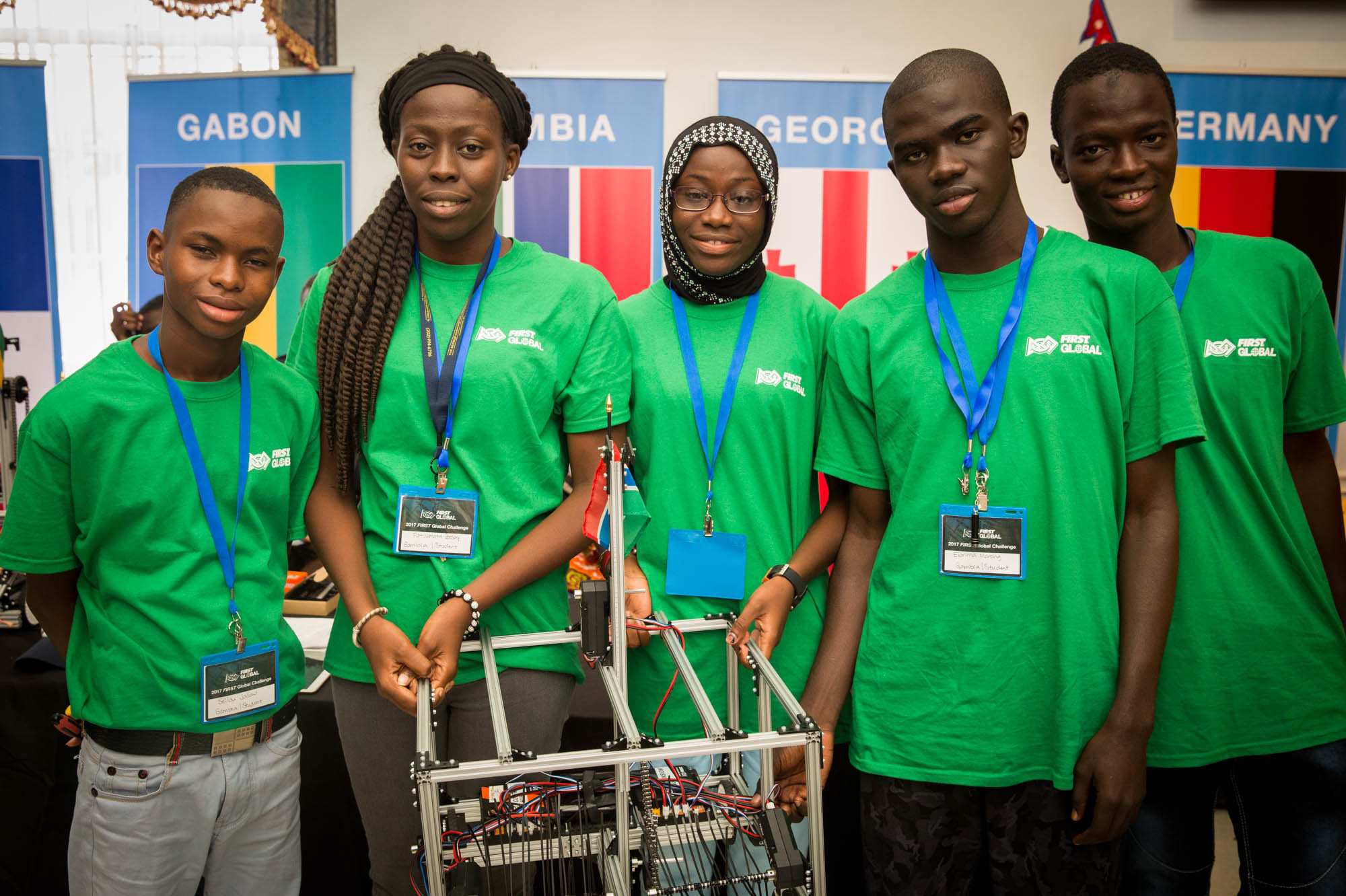 Team Gambia at the First Global Challenge 2017, an international robotics event. Left to right: Sellou Jallow, Fatoumata Ceesay, Khadijatou Gassama, Ebrima Marong and Alieu Bah. (Shelby Knowles/NPR)