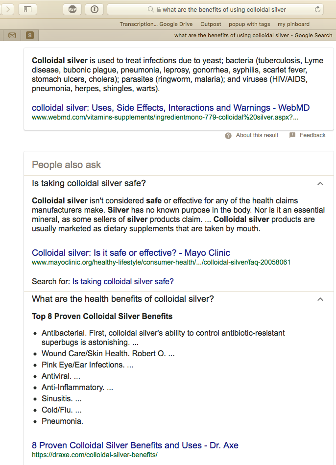 Google search result: What are the benefits of using colloidal silver?