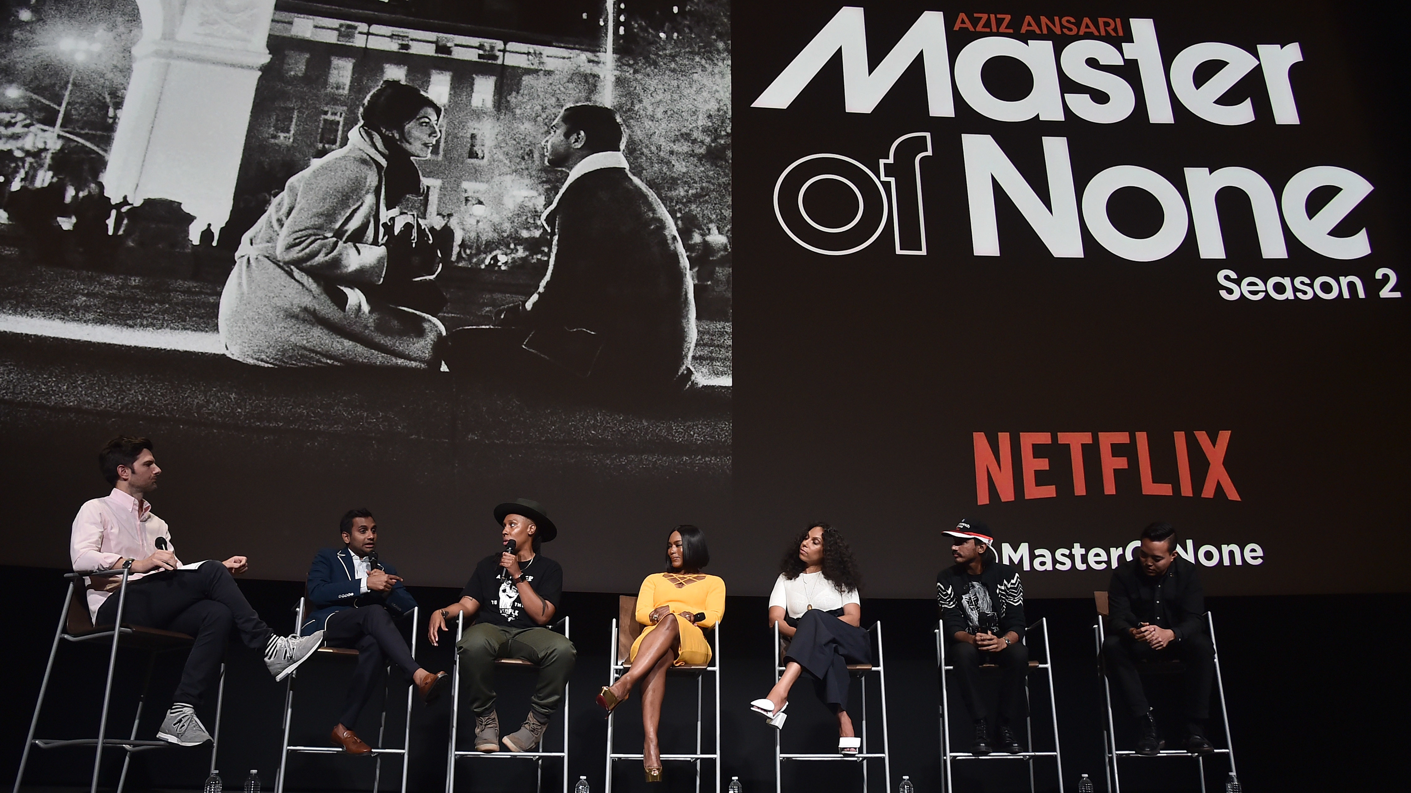 Actors join other creators of Netflix's <em>Master of None</em> in a panel discussion in June. The series is nominated for a best comedy Emmy. (Getty Images For Netflix)