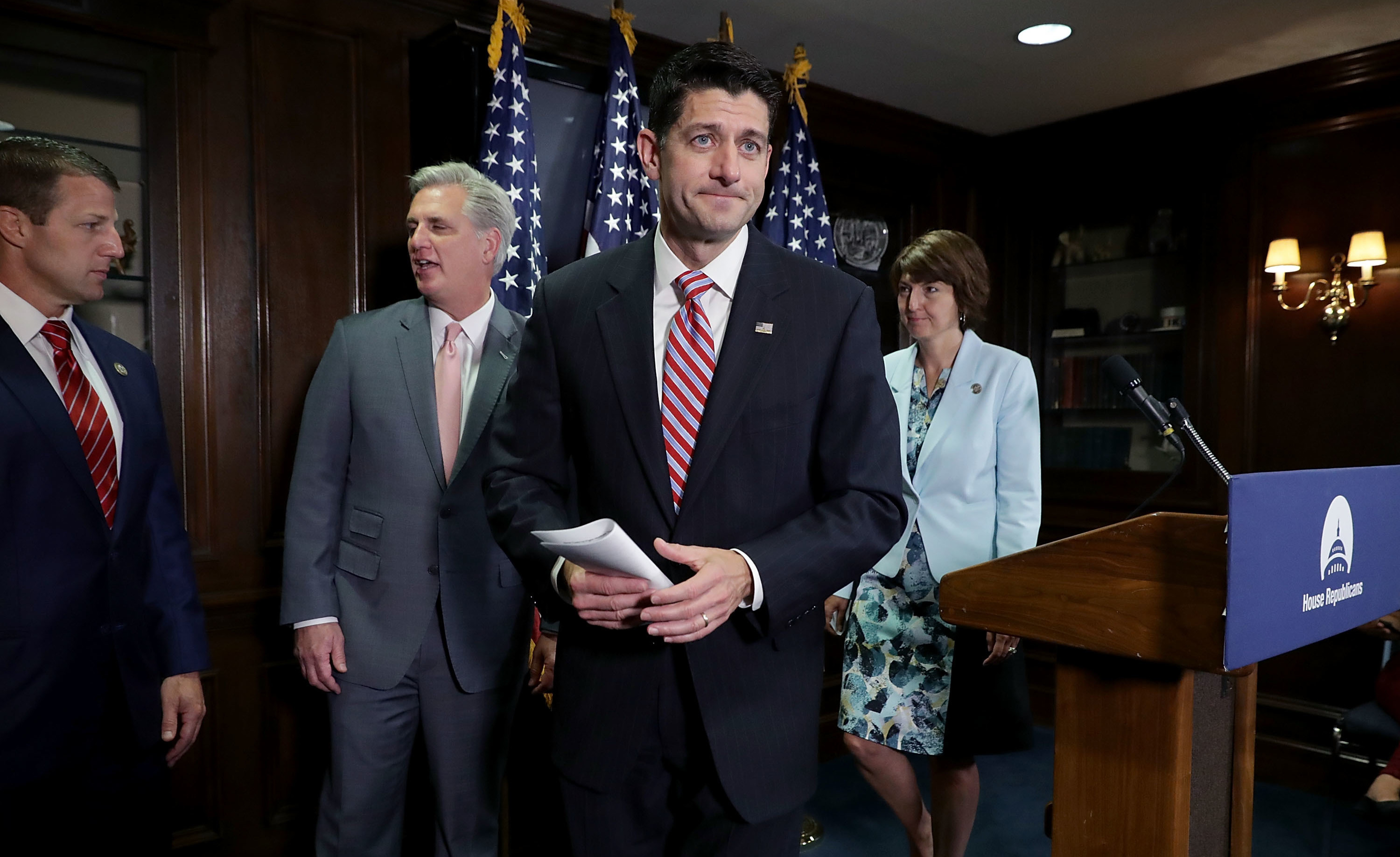 Speaker of the House Paul Ryan, R-Wis., (center) and House Republicans released a fiscal year 2018 budget that would increase military spending and cut other discretionary spending. (Getty Images)