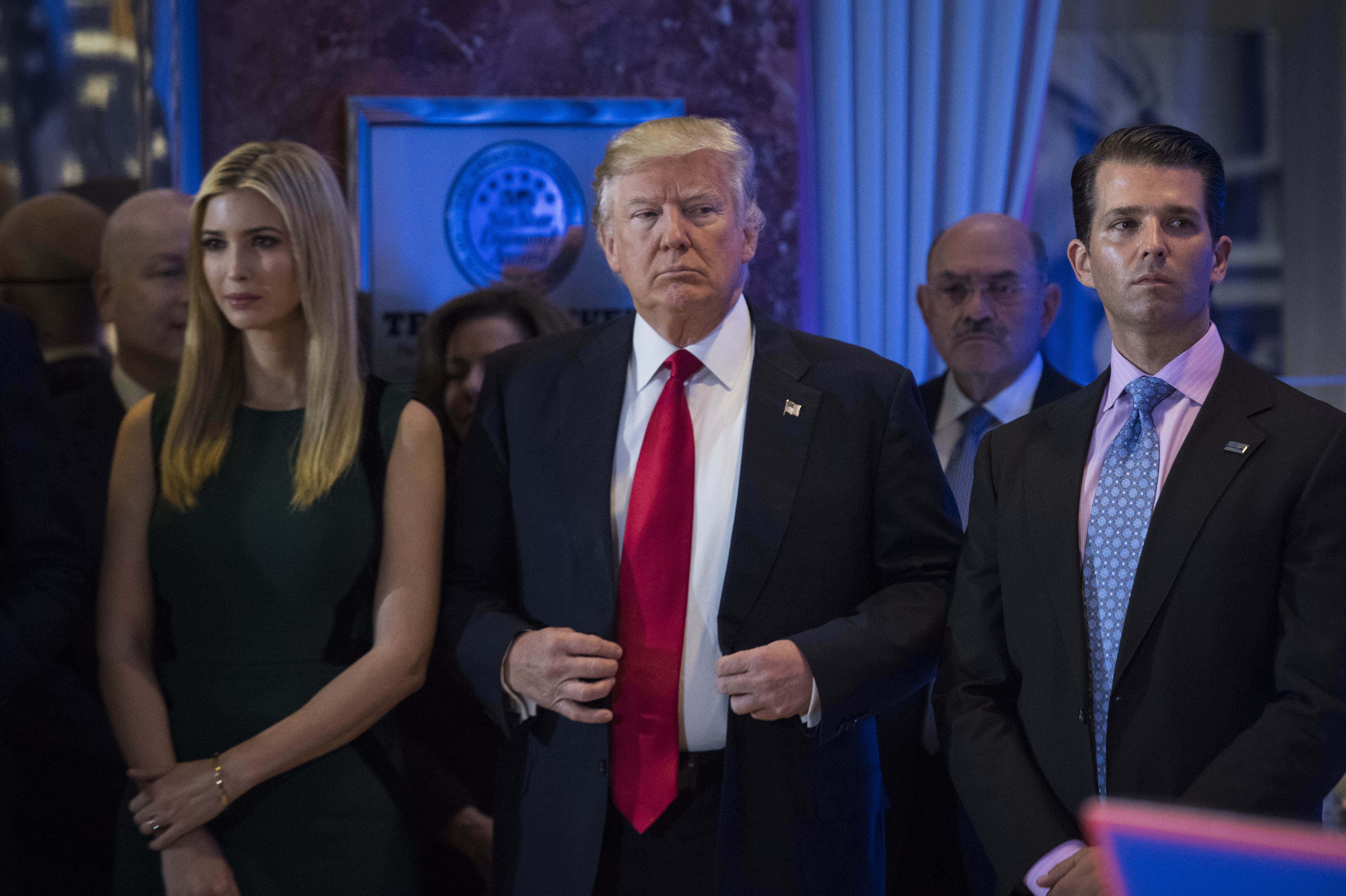 President Trump attends a January press conference at Trump Tower with children Ivanka and Donald Jr., who is the latest member of the Trump team to hire a lawyer. (The Washington Post/Getty Images)