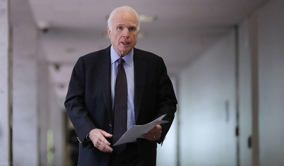Senate Intelligence Committee member Sen. John McCain, R-Ariz., heads into a closed-door committee meeting with Director of National Intelligence Dan Coats on June 15 in Washington, D.C. (Chip Somodevilla/Getty Images)