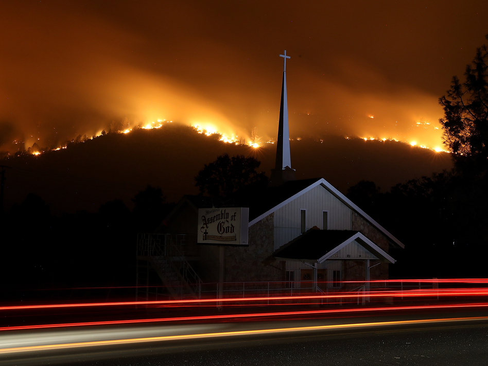 The Detwiler Fire burns in the hills above Mariposa on Tuesday. It has burned more than 45,000 acres and is just 7 percent contained, as of Wednesday morning local time. (Justin Sullivan/Getty Images)