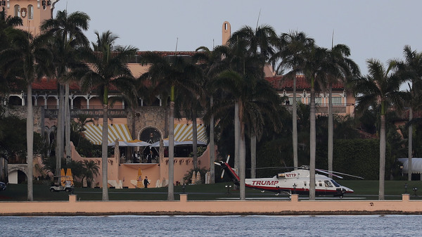The Trump helicopter is seen at the Mar-a-Lago resort in Palm Beach, Fla., in April. The president