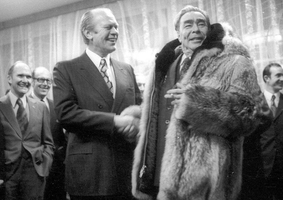 President Gerald Ford shakes hands with Soviet leader Leonid Brezhnev on Nov. 24, 1974, in a meeting in the Soviet city of Vladivostok. Several weeks later, Ford signed a law that would place restrictions on Soviet trade with the U.S. for nearly four decades. (AP)