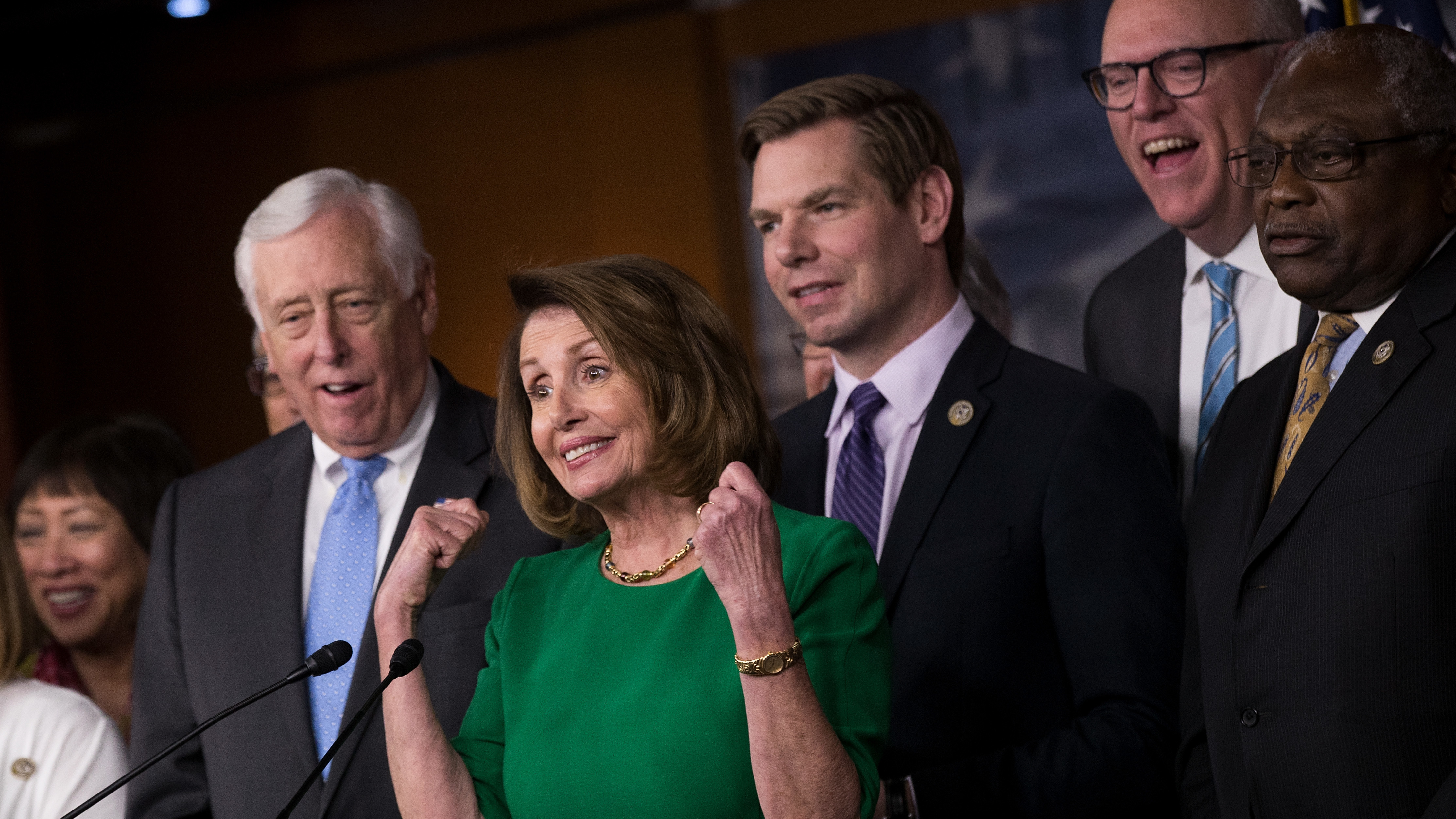 House Minority Whip Steny Hoyer, House Minority Leader Nancy Pelosi, Rep. Eric Swalwell, Rep. Joe Crowley and Rep. James Clyburn after Republicans withdrew their health care bill in March. (Getty Images)