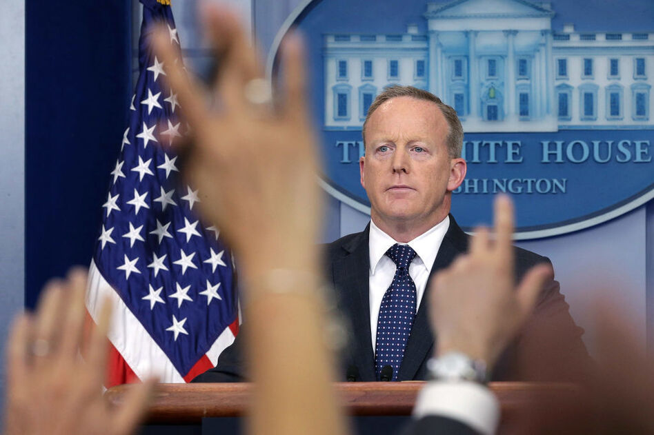 White House press secretary Sean Spicer briefs the media in June. He announced Friday that he was stepping down from his job in the Trump administration and would continue his service through August. (Win McNamee/Getty Images)