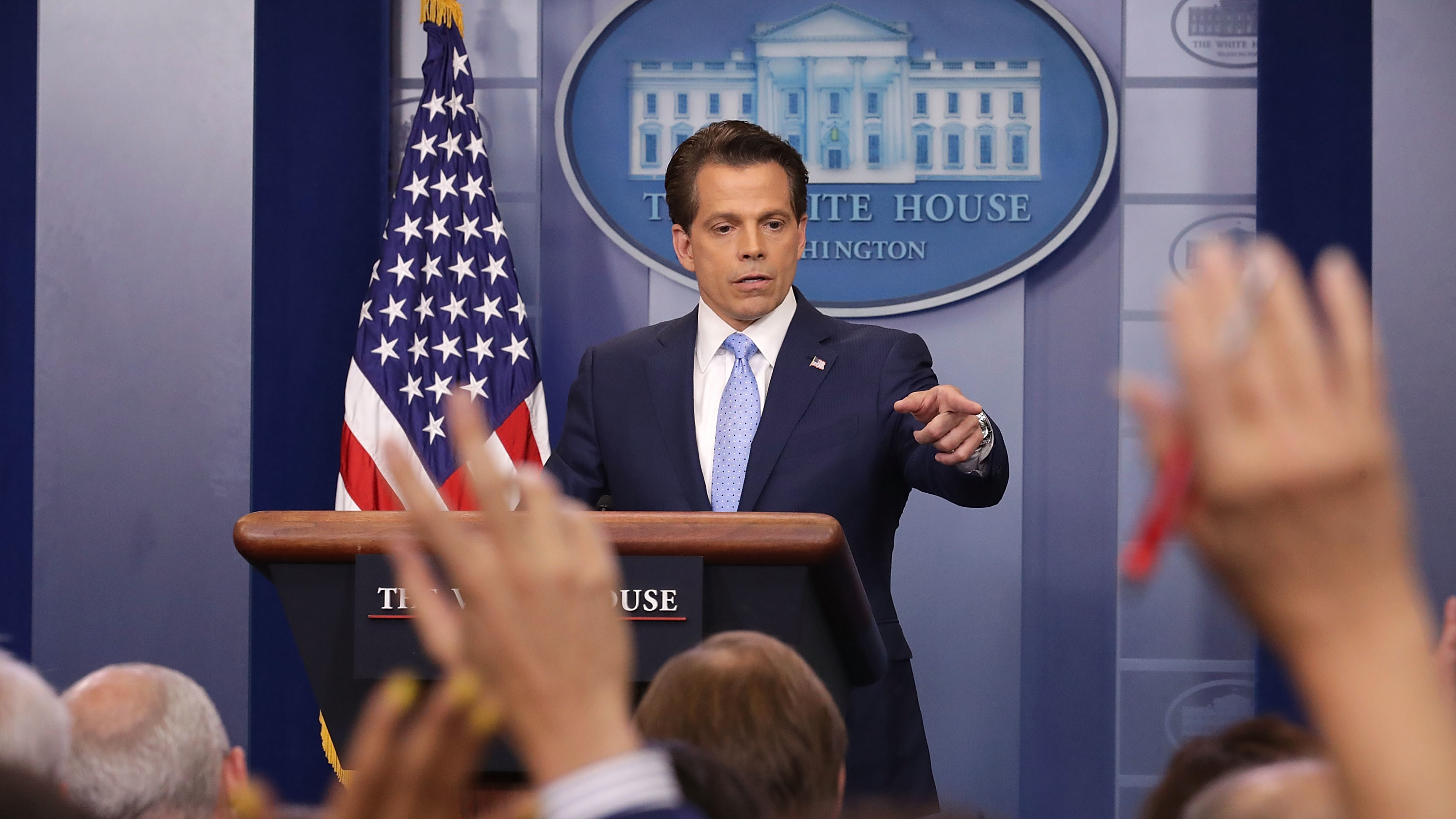 Incoming White House communications director Anthony Scaramucci answers reporters' questions during the daily White House press briefing on Friday. (Chip Somodevilla/Getty Images)