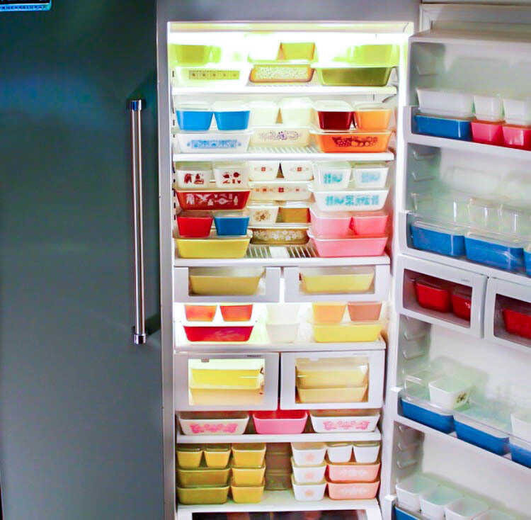 Very Vintage Pyrex Opal Glass Fridge Dishes in Original Primary Colors,  With Vintage Kitchen Items 