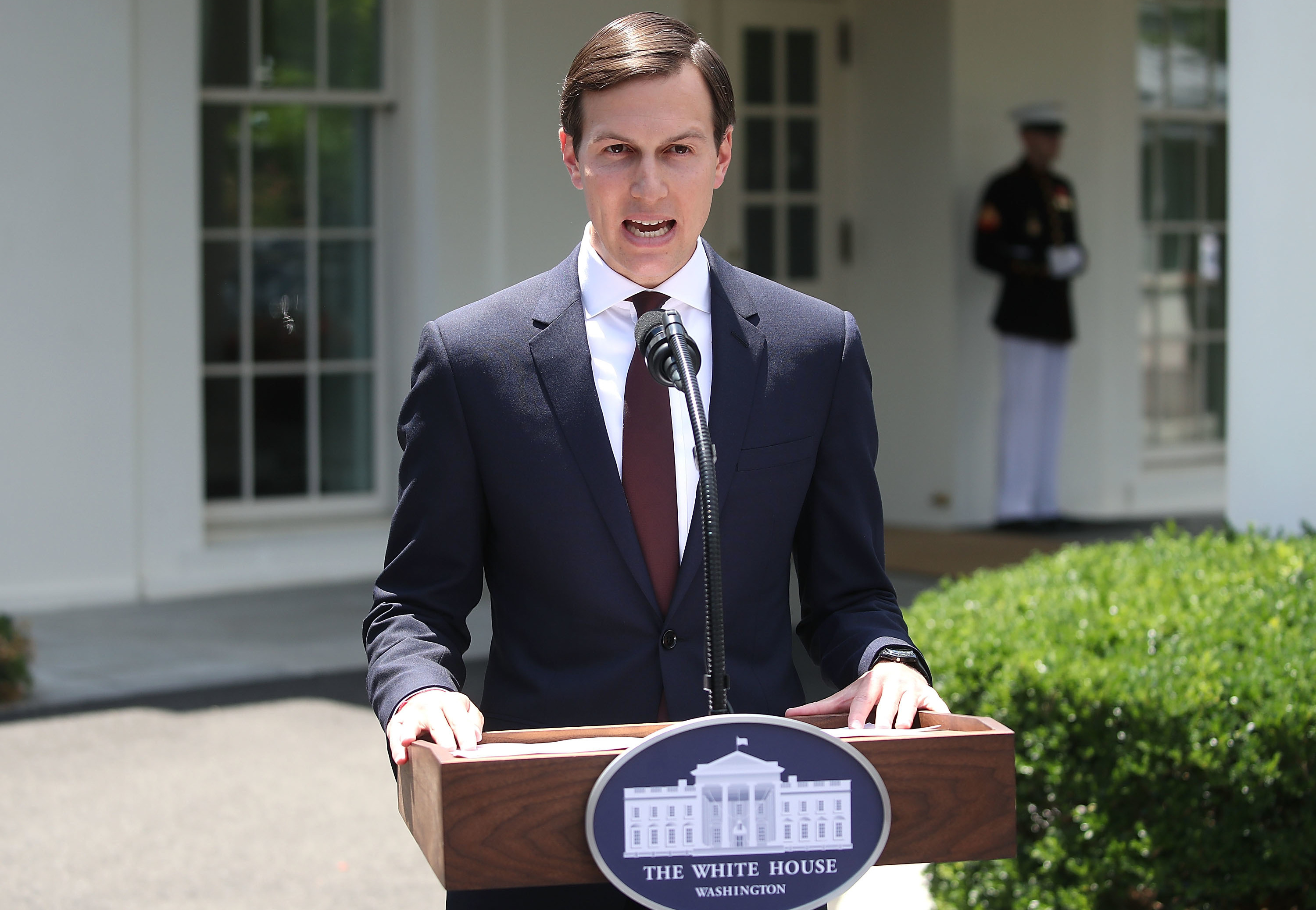 White House senior adviser and Trump son-in-law Jared Kushner reads a statement Monday in front of the West Wing of the White House after meeting behind closed doors with the Senate Intelligence Committee about Russian meddling in the 2016 presidential election. (Getty Images)