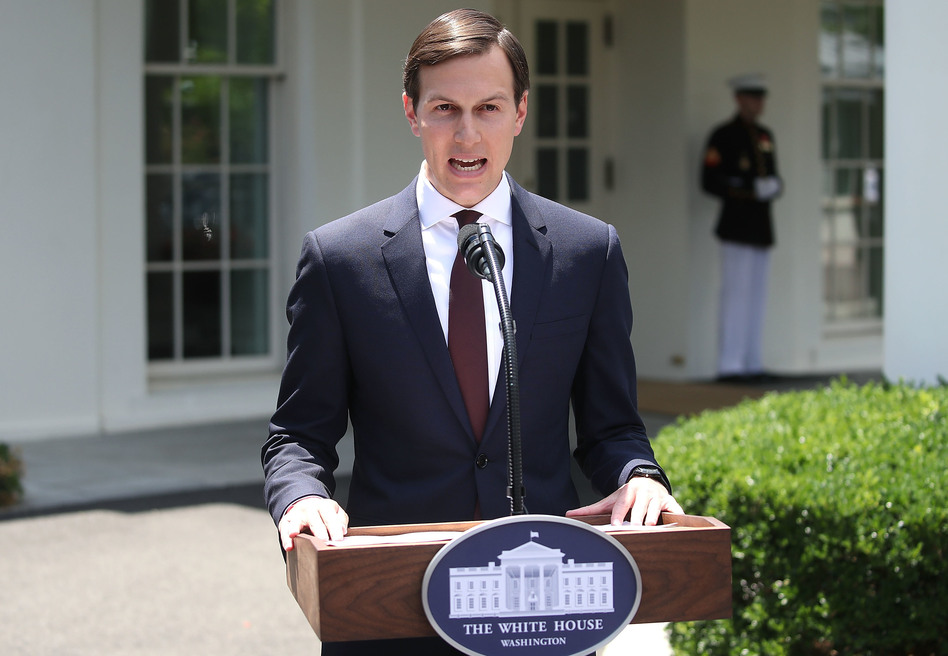 White House senior adviser and Trump son-in-law Jared Kushner reads a statement Monday in front of the West Wing of the White House after meeting behind closed doors with the Senate Intelligence Committee about Russian meddling in the 2016 presidential election. (Mark Wilson/Getty Images)