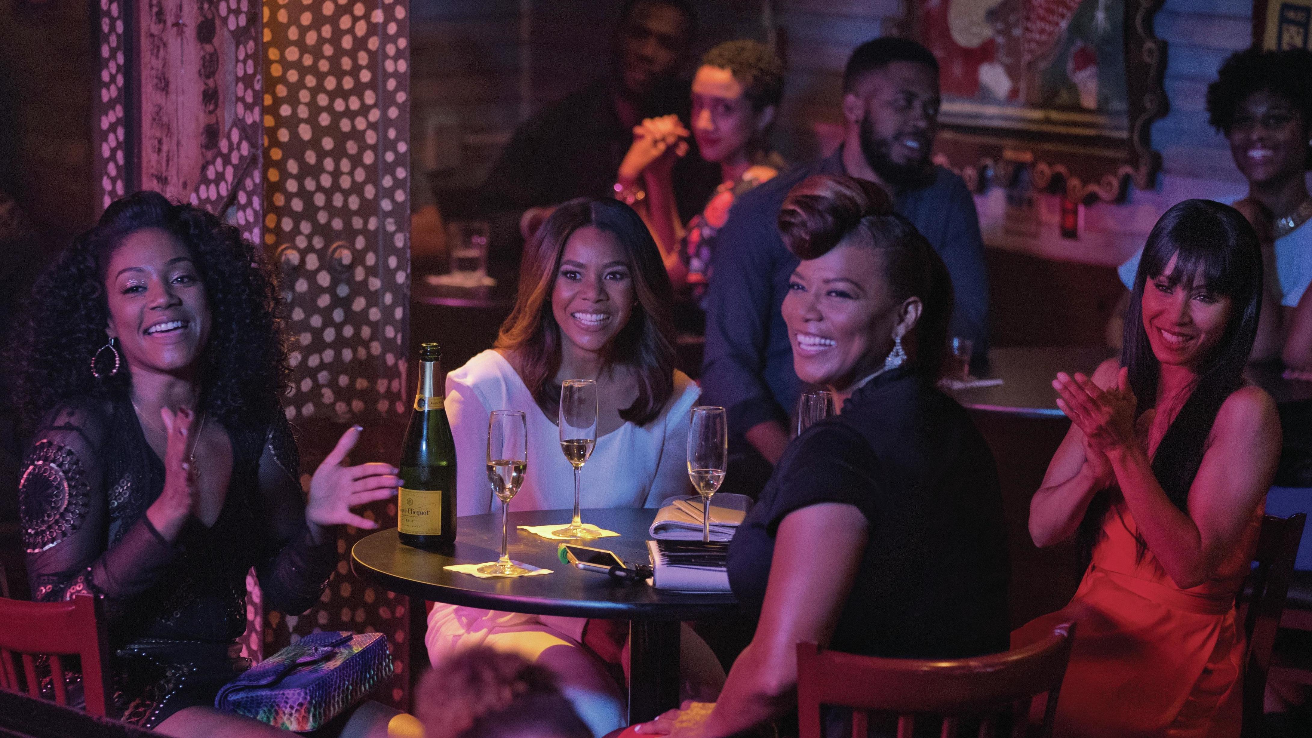 (L to R) Dina (Tiffany Haddish), Ryan (Regina Hall), Sasha (Queen Latifah) and Lisa (Jada Pinkett Smith) paint the town red (and Bourbon Street yellow) in <em>Girls Trip</em>. (Universal)