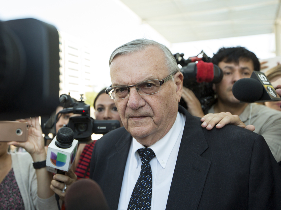 Joe Arpaio leaves a federal courthouse in Phoenix earlier this month. The former Maricopa County sheriff was found guilty Monday of criminal contempt, a charge that carries a maximum sentence of six months in jail. (Angie Wang/AP)