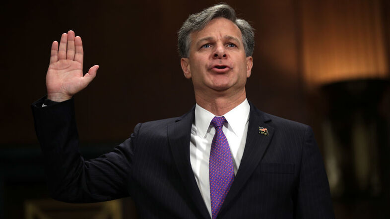 Then-nominee Christopher Wray is sworn in during his confirmation hearing before the Senate Judiciary Committee last month. (Alex Wong/Getty Images)