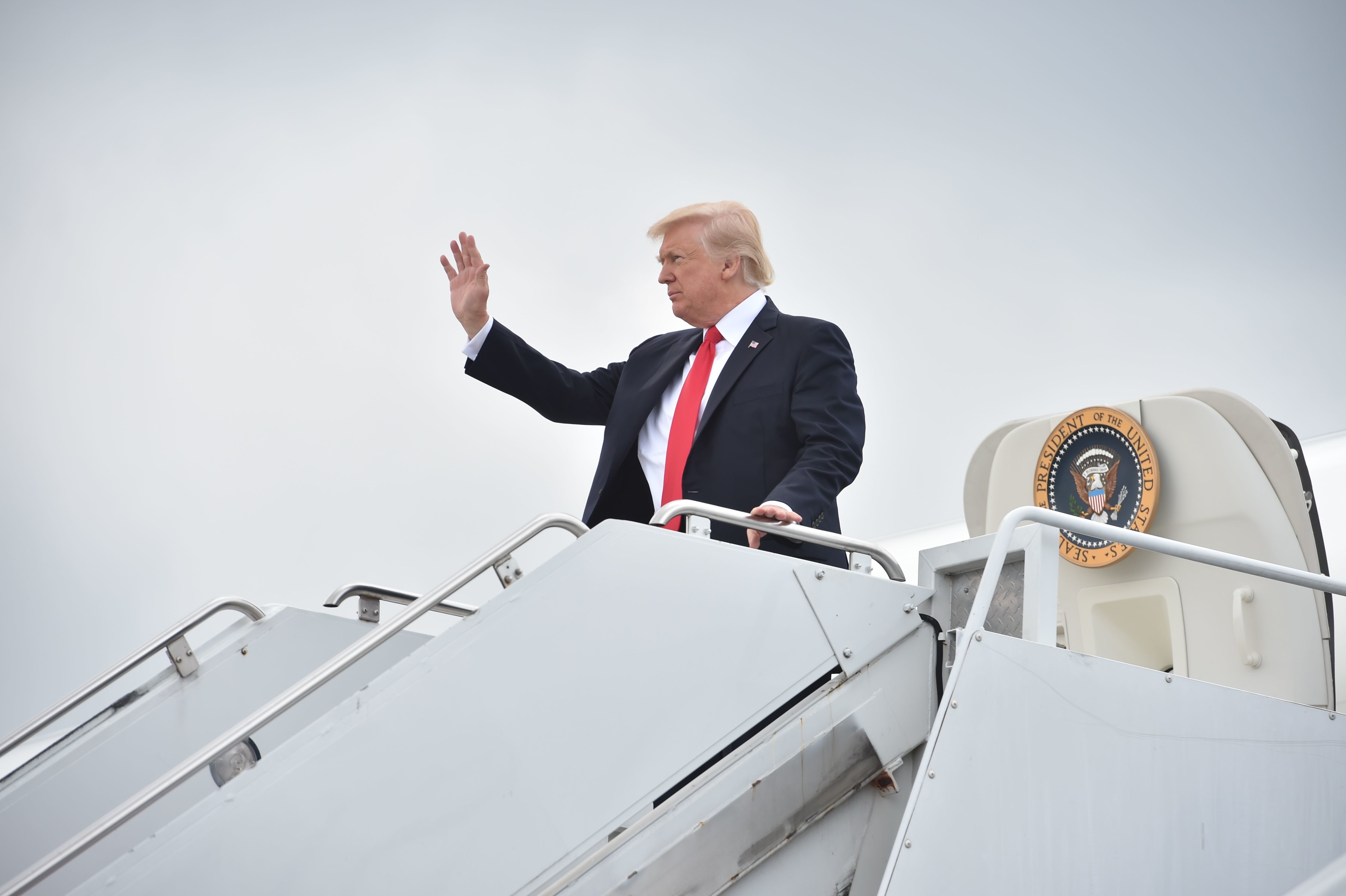 President Trump arrives on Long Island to deliver remarks on law enforcement at Suffolk Community College in Ronkonkoma, N.Y., on July 28. (AFP/Getty Images)