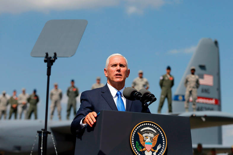 "The president of the United States of America, President Donald Trump, sent me here with a simple message for you and for the people of Georgia: We are with you," Vice President Pence said in Tbilisi, Georgia, on Tuesday. (Zurab Kurtsikidze/AFP/Getty Images)