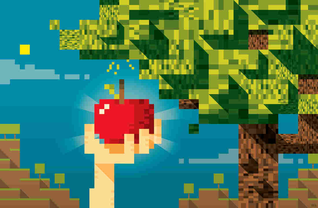 Pixelated hand grabbing an apple off a tree