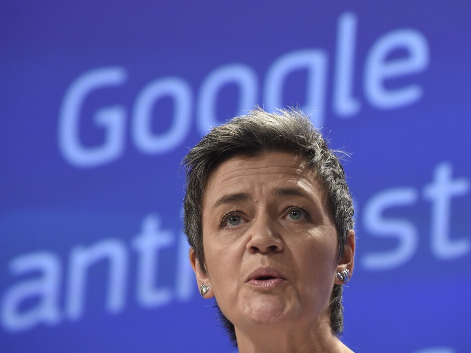 European competition commissioner Margrethe Vestager announces antitrust charges against Google in 2015. (John Thys/AFP/Getty Images)