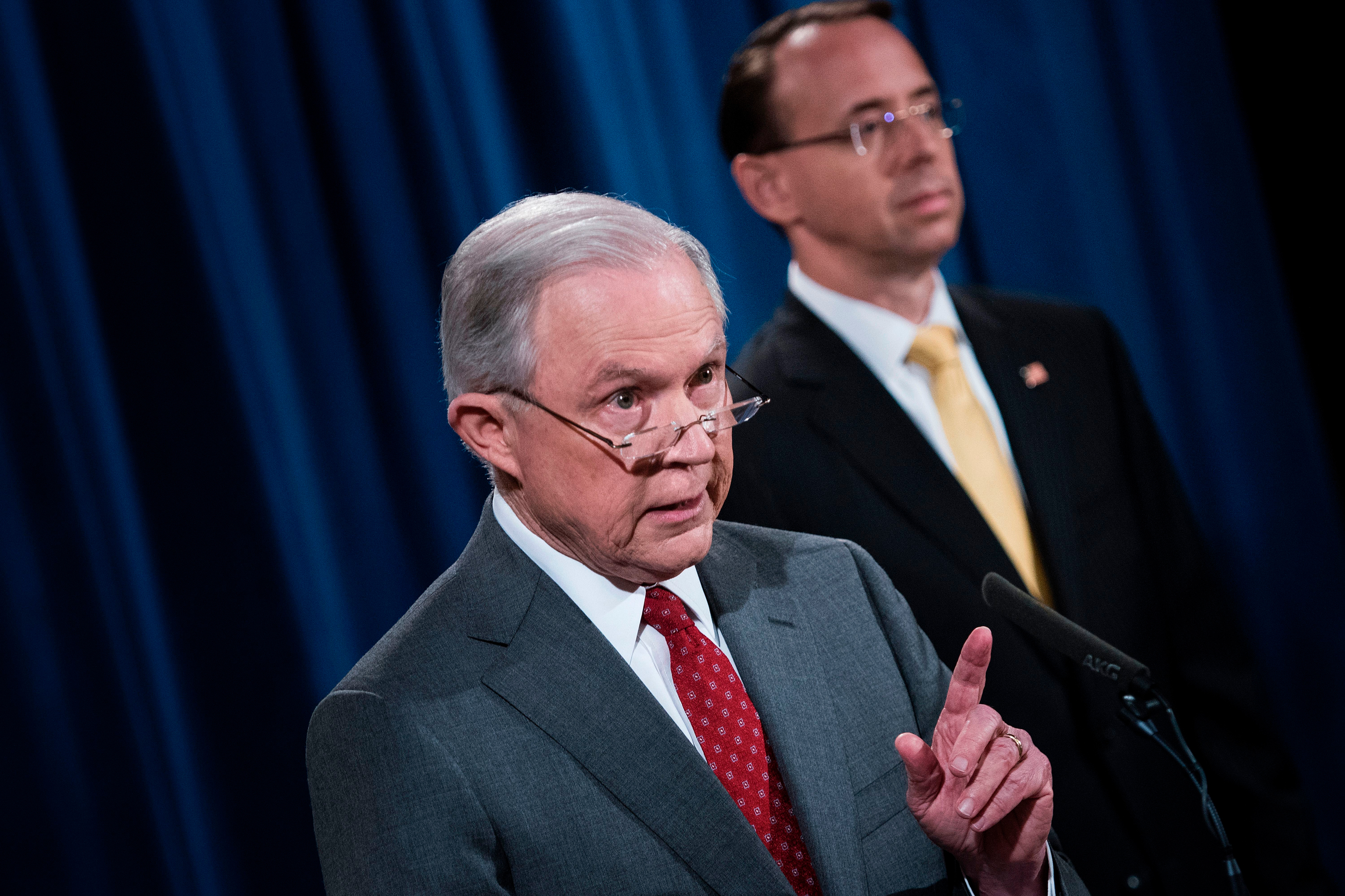 Attorney General Jeff Sessions speaks at the Department of Justice during an announcement about leaks of classified information Friday. (AFP/Getty Images)