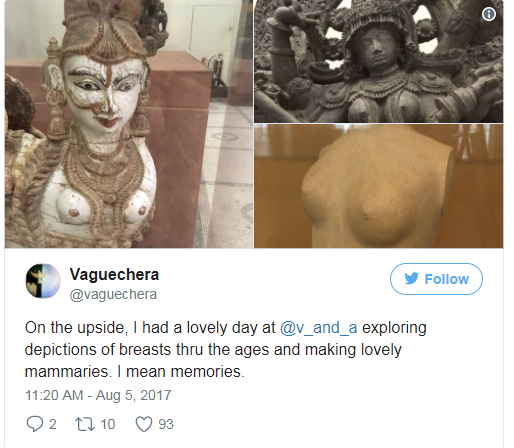 A now-protected tweet shows images of statues in the Victoria and Albert museum.