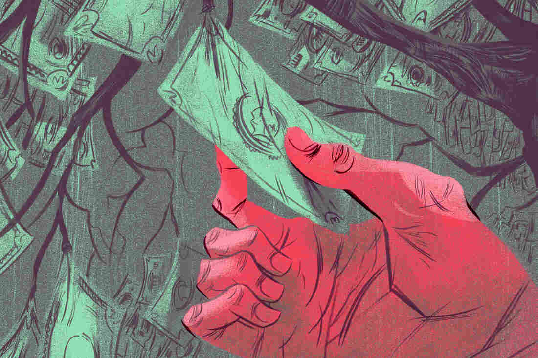 A hand holding money growing on a tree