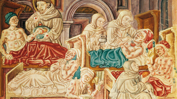 Strike 2: Our second attempt at illustrating the plague story — with what we said was a 15th-century image by Jacopo Oddi from the La Franceschina codex depicting Franciscan monks treating victims of the plague in Italy — also turned out be a picture of people with leprosy.