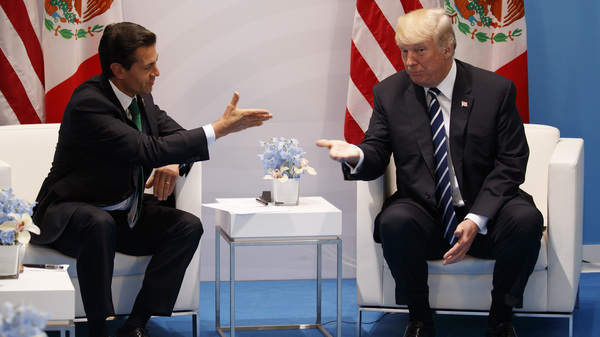 President Trump meets with Mexican President Enrique Peña Nieto at the Group of 20 summit in Hamburg, Germany, in July. Trump is pushing to renegotiate the North American Free Trade Agreement among their countries and Canada.