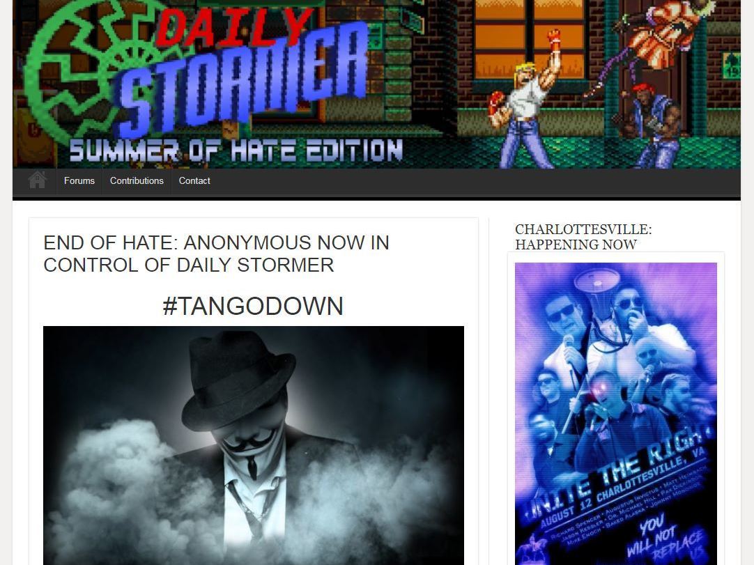 The Daily Stormer site had a story that claimed to be written by hackers and gave the site 24 hours before it would be deleted — the same deadline set by GoDaddy. (Screenshot by NPR)