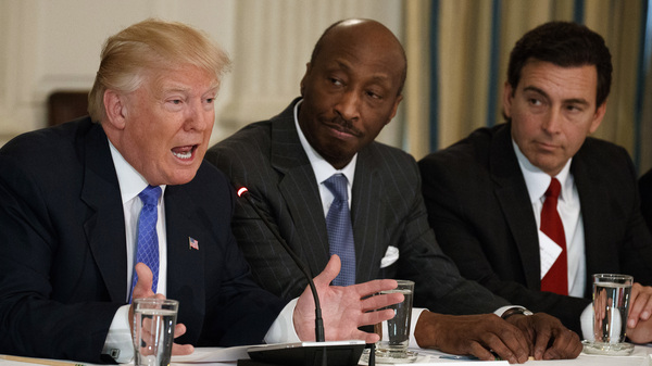 President Trump speaks during a meeting with manufacturing executives at the White House in February, including Merck