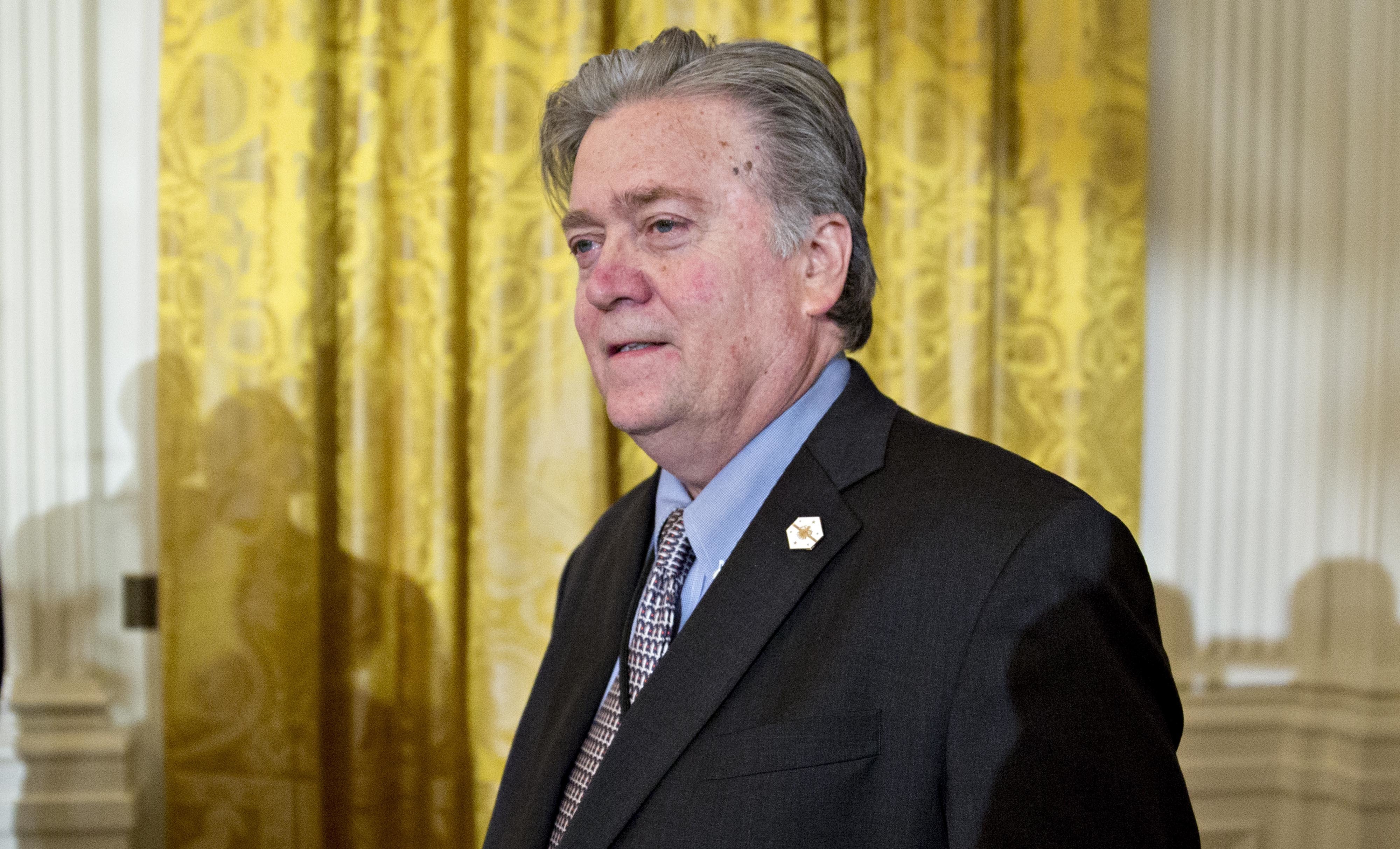 Steve Bannon arrives at a swearing-in ceremony of White House senior staff in the East Room of the White House on Jan. 22. (Getty Images)