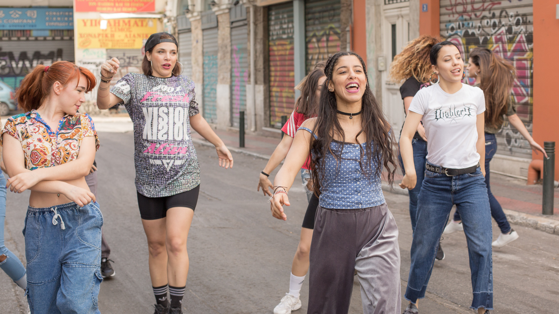 Marina Satti and dancers rehearsing for the music video to "Mantissa," a "love song to yourself" that has become an anthem for young Greeks facing unemployment due to the debt crisis. (Courtesy of the artist)