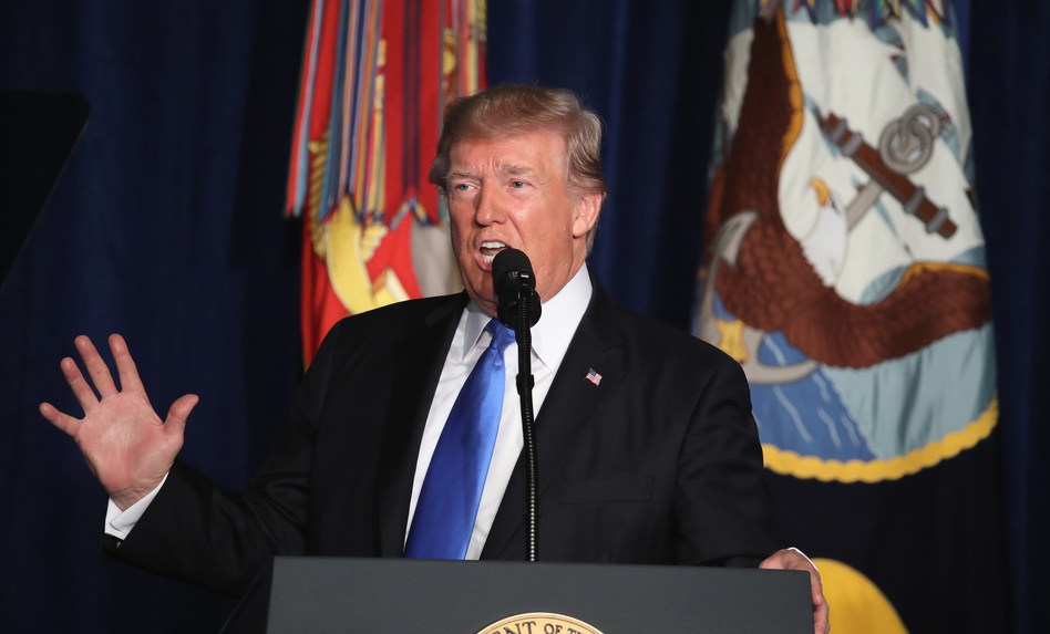 President Trump delivers remarks on America's military involvement in Afghanistan at the Fort Myer military base in Arlington, Va., on Monday. (Mark Wilson/Getty Images)