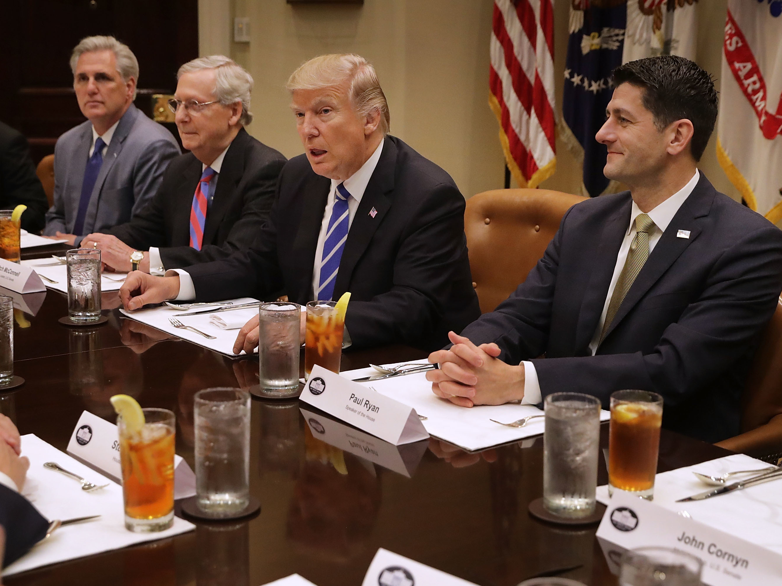 President Trump meets with Senate Majority Leader Mitch McConnell and House Speaker Paul Ryan during a budget discussion in March. (Getty Images)