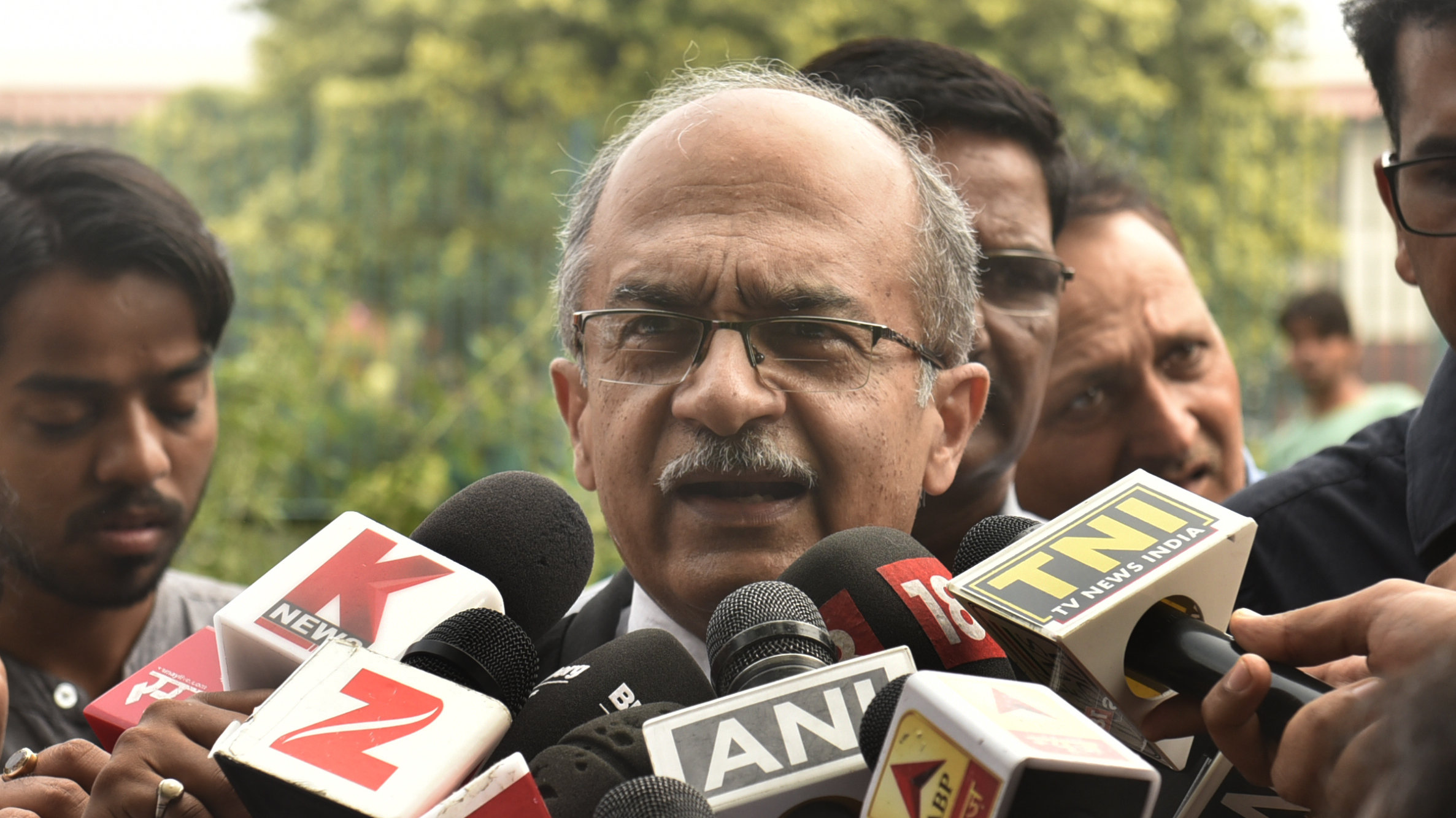Senior lawyer Prashant Bhushan addresses the media about the right to privacy judgment at the Supreme Court on Thursday in New Delhi. (Hindustan Times via Getty Images)