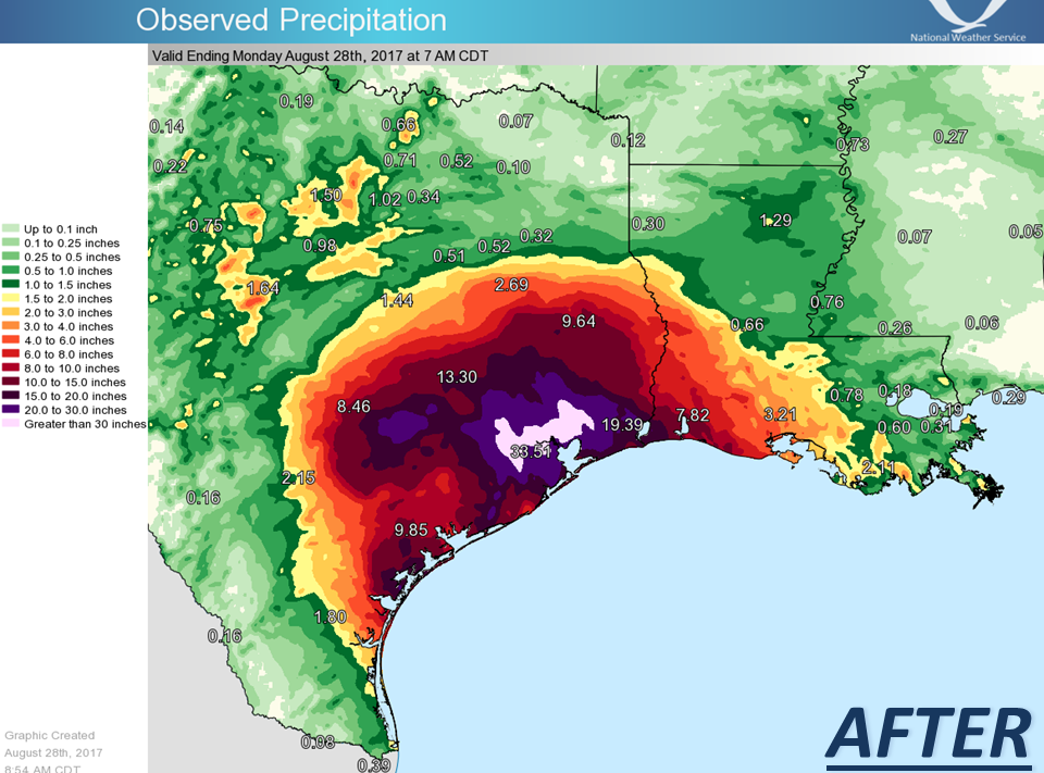 Two new colors were added to the National Weather Service chart, to reflect heavy rainfall. (National Weather Service)