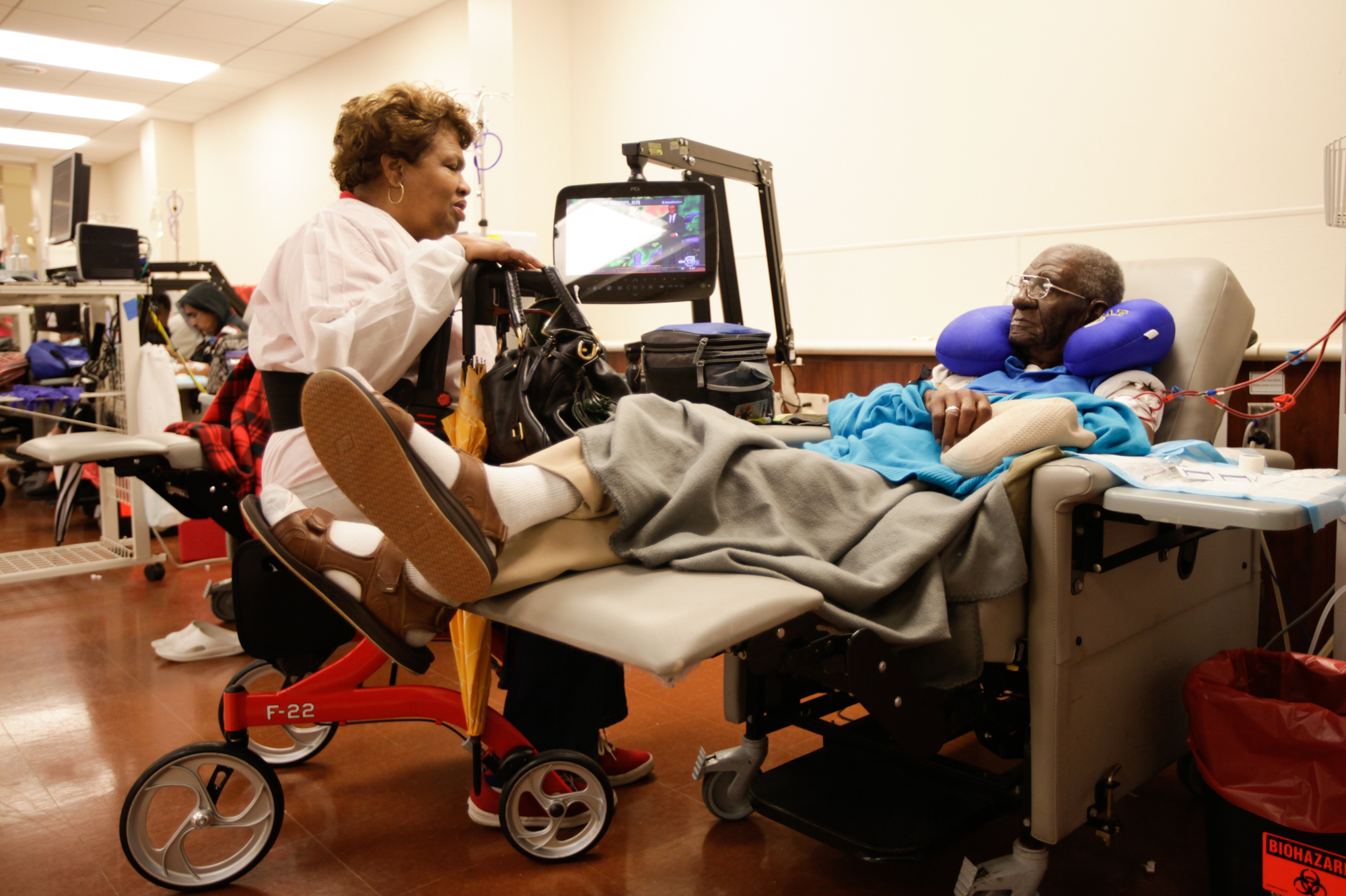 William Scott (right) and his wife, Teresa, arrived at DaVita Med Center Dialysis in Houston on Tuesday morning, after missing William's appointment on Monday. &quot;It's just good he got in here,&quot; she says. (Ryan Kellman/NPR)