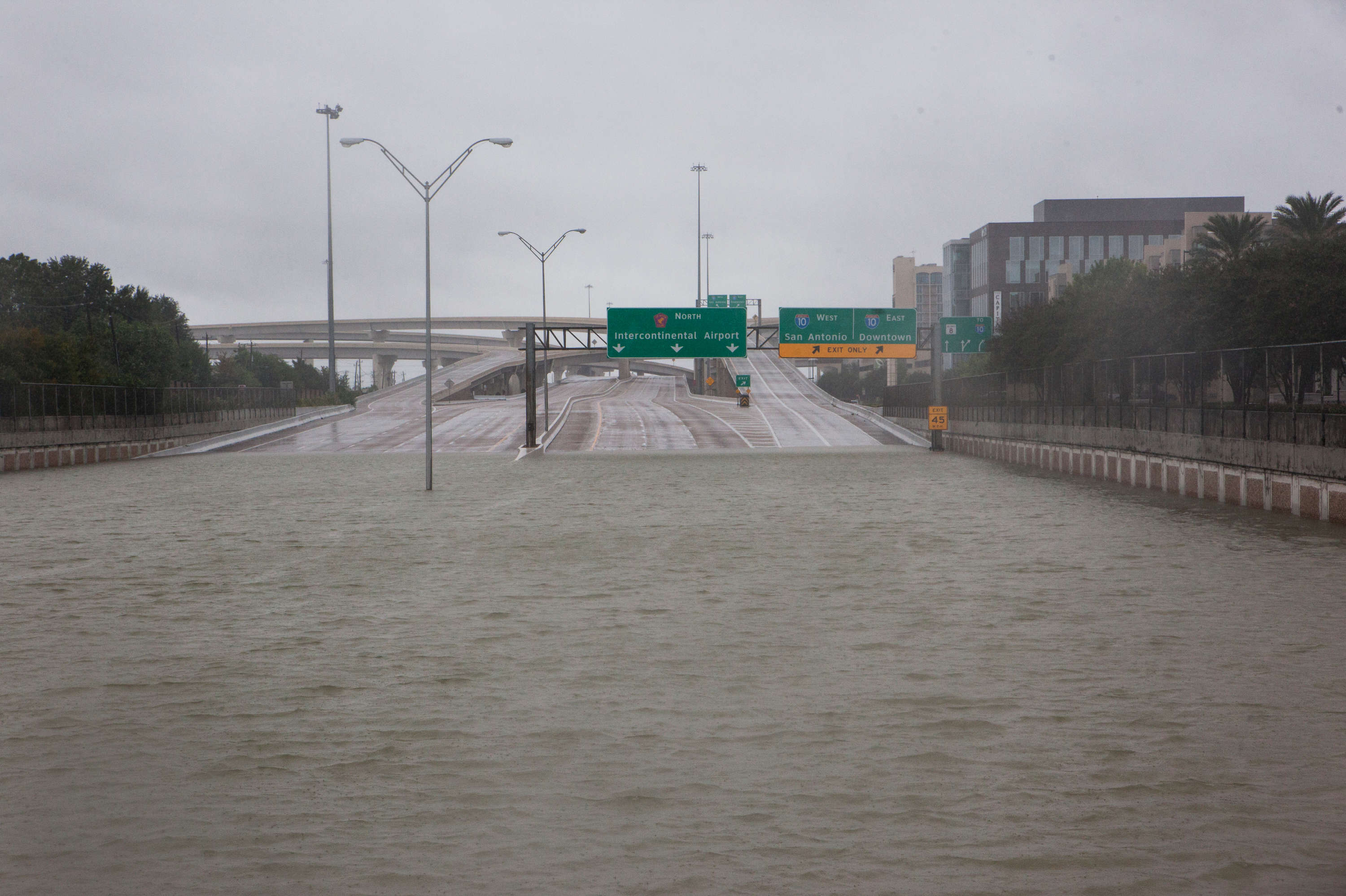 The Sam Houston Tollway is submerged near the Hedwig Village neighborhood in Houston on Tuesday. (NPR)