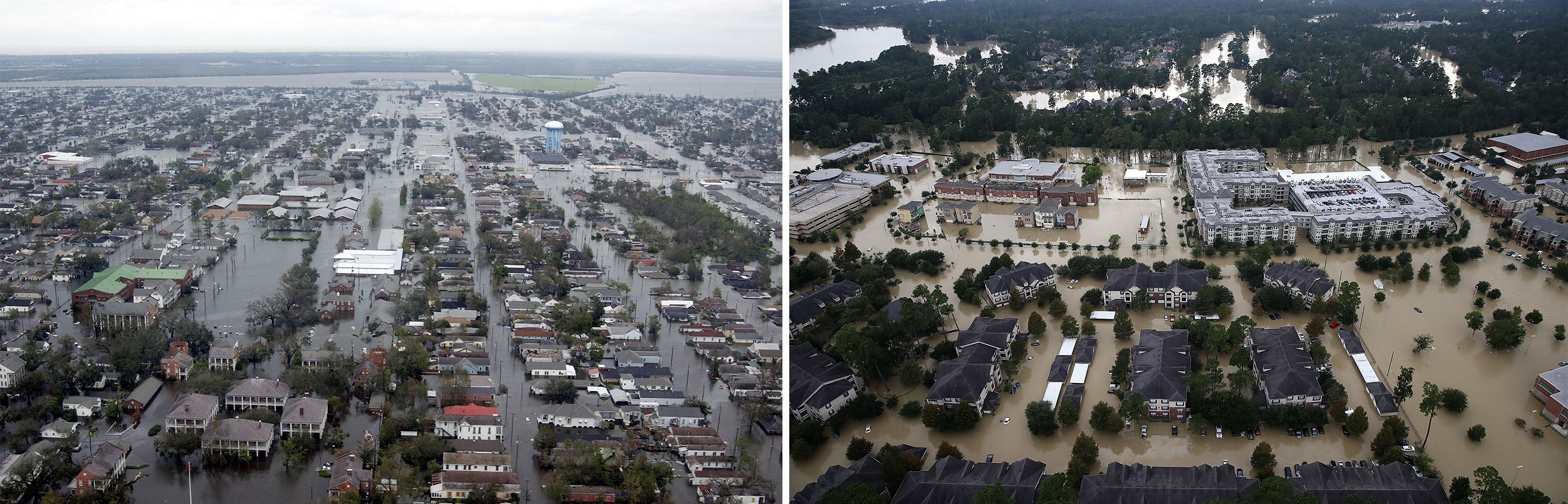 (Left) Flooded neigborhoods can be seen in New Orleans in 2005. (Right) Flooded homes are shown near Lake Houston following Hurricane Harvey on Aug. 30. (Kyle Niemi/U.S. Coast Guard;Win McNamee/Getty Images)