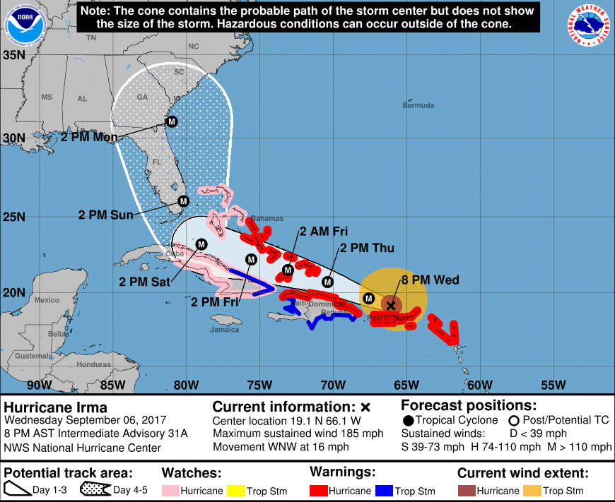 National Hurricane Center projection of Irma's path as of 8 p.m. AST Wednesday (National Hurricane Center)