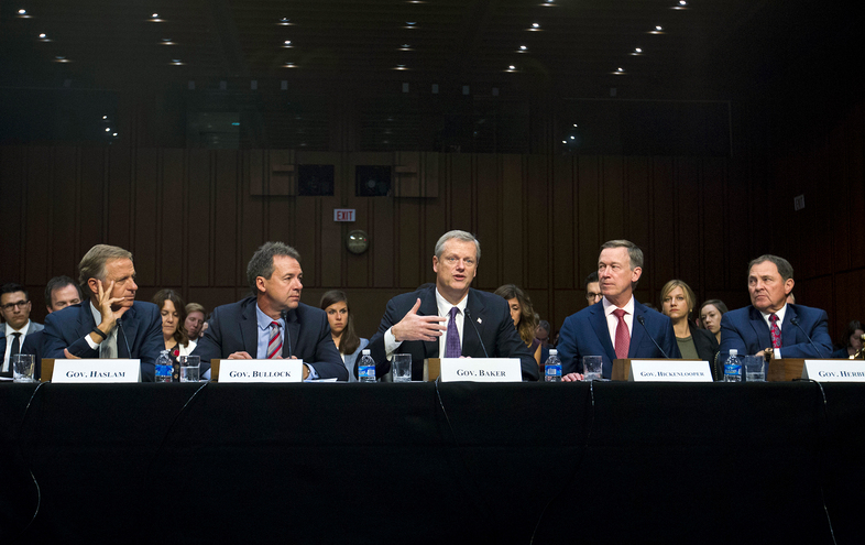 Governors from left; Bill Haslam of Tennessee, Steve Bullock of Montana, Charlie Baker of Massachusetts, John Hickenlooper of Colorado and Gary Herbert of Utah all testified Thursday about ways t improve the ACA. (Jose Luis Magana/AP)
