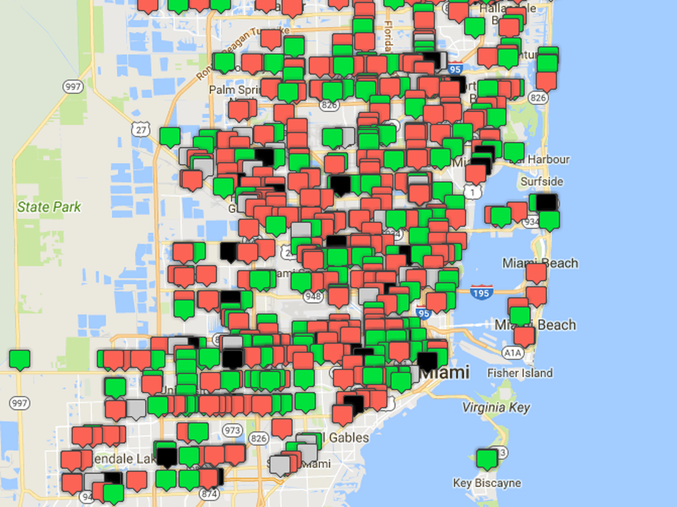 Many gas stations in South Florida were reportedly out of fuel on Tuesday morning, as indicated by red markers on GasBuddy's gas availability tracker. (Screenshot of GasBuddy.com by NPR)