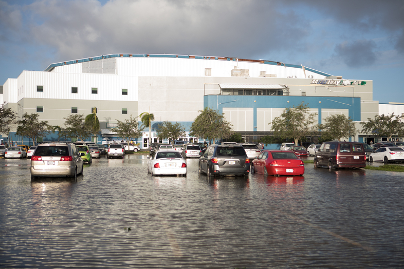 Flooding outside the Germain Arena in Estero, Fla., where some 5,000 people sought shelter from Hurricane Irma. (Meredith Rizzo/NPR)