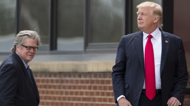 President Trump and then-chief strategist Steve Bannon in April. They no longer work together in the White House, but they both seem primed to go to war with the GOP establishment. (Image credit: AFP/Getty Images)